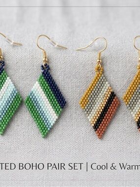 Handcrafted Beaded Diamond Drop Earrings - Cool Green & Warm Amber Pair